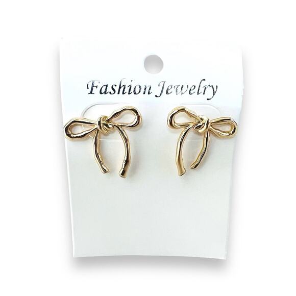 Bow Ribbon Earrings Gold Plated Copper Stud Drop Stainless Post New - Picture 1 of 5